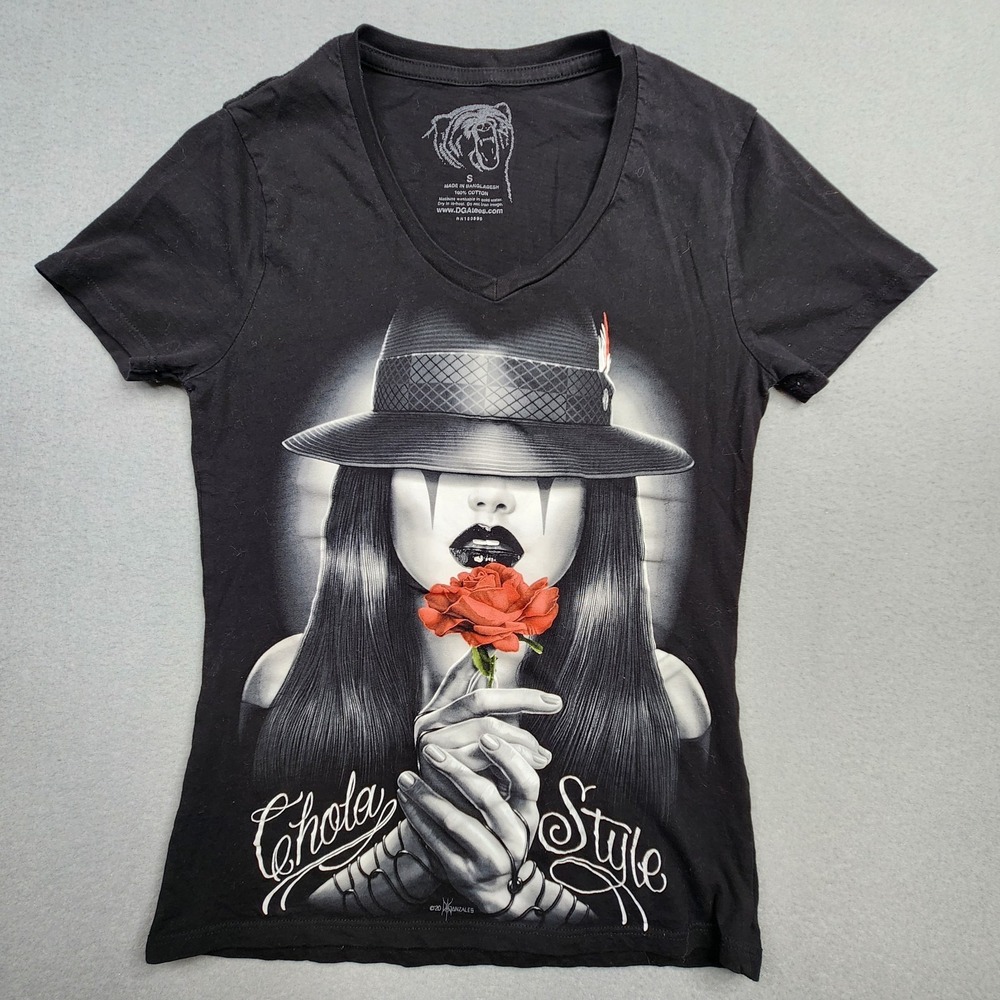 DGA Shirt Womens Small Black Chola‎ Style Chicano Art Lowrider David Gonzales